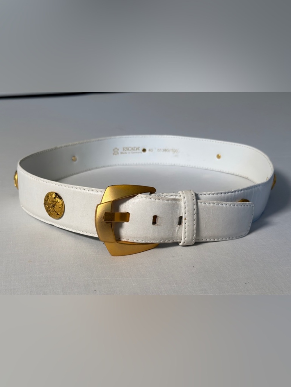 Escada White Leather Belt with Gold Stud Detail
